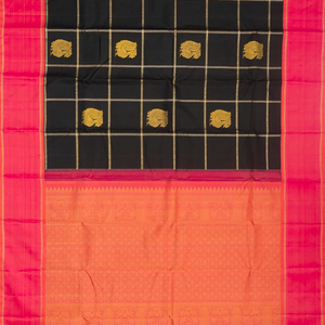 Black Handloom Kanchipuram Korvai Silk Saree With Zari Checks