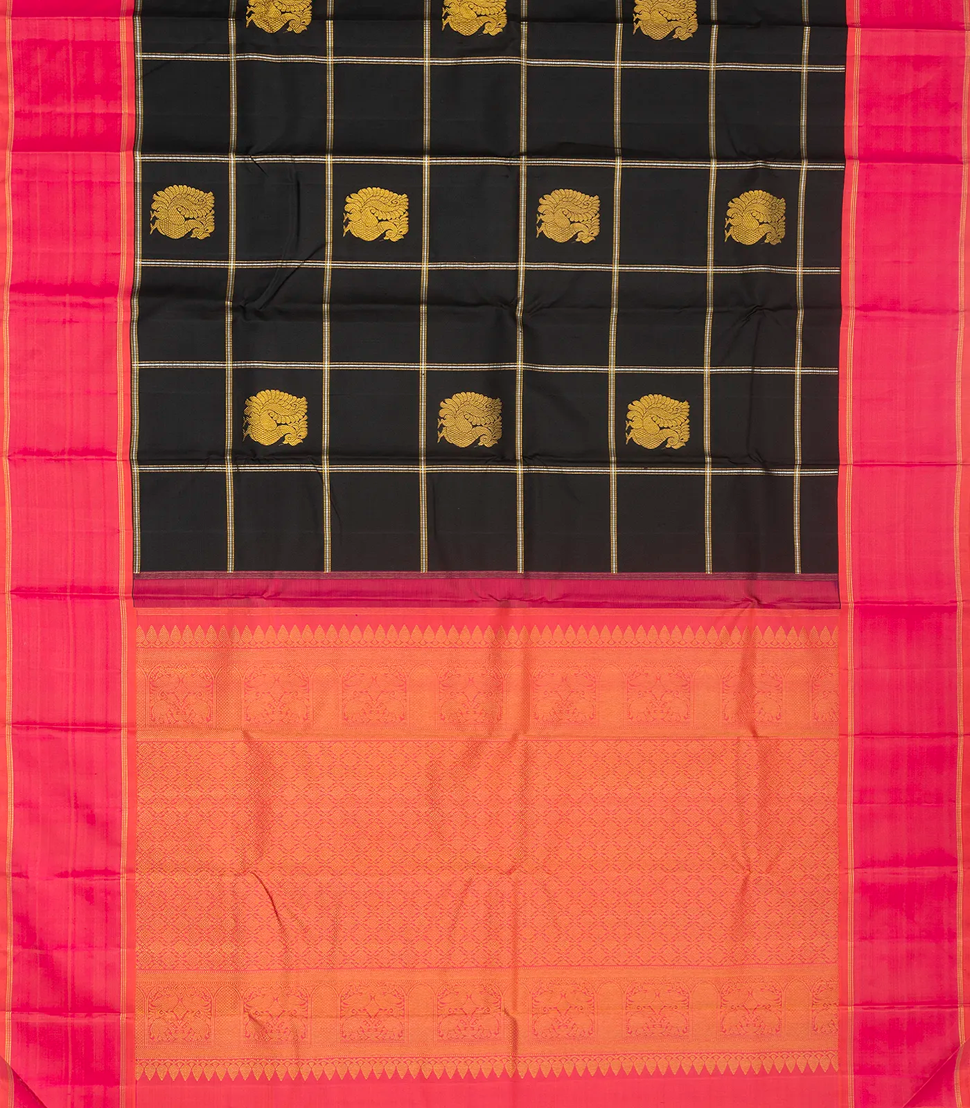 Black Handloom Kanchipuram Korvai Silk Saree With Zari Checks