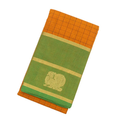 Mustard Handloom Kanchi Cotton Saree With Checks & Green Border