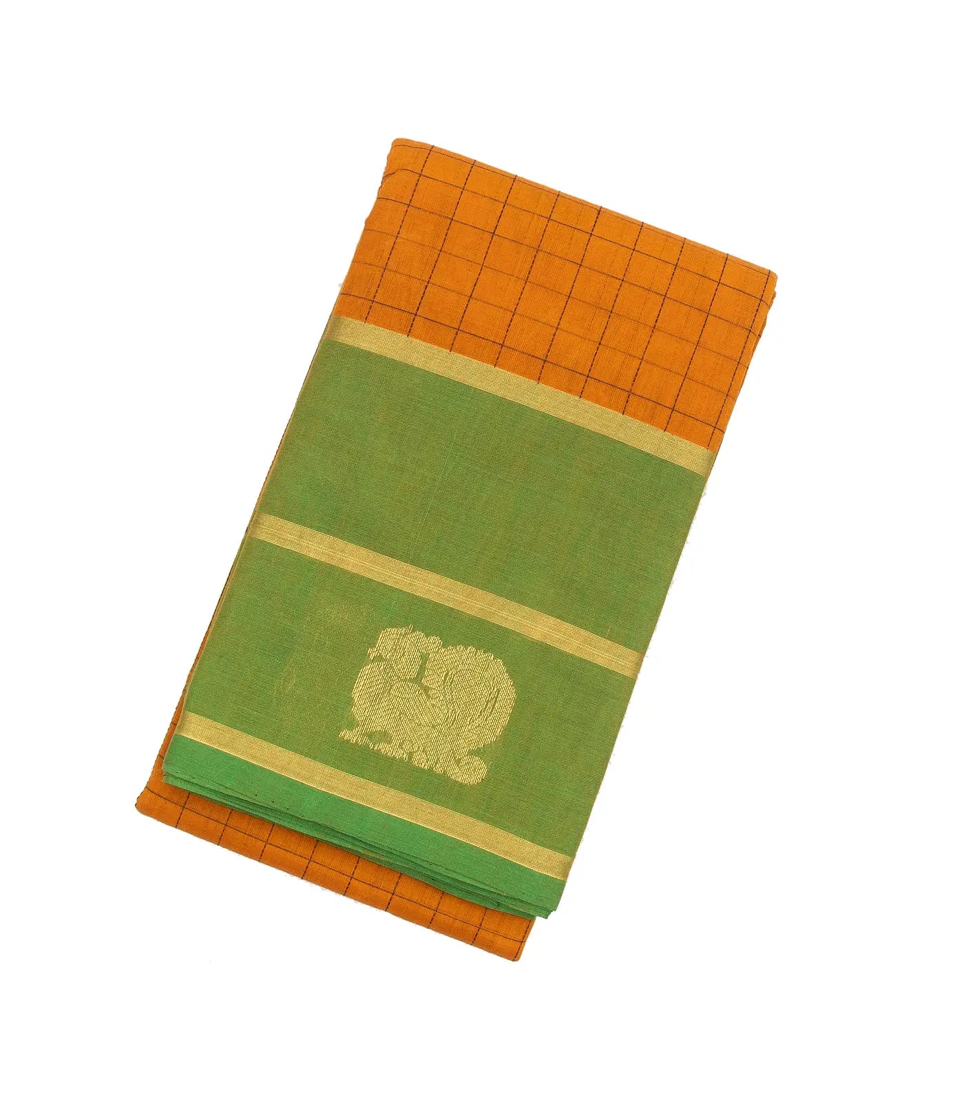 Mustard Handloom Kanchi Cotton Saree With Checks & Green Border