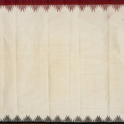 White Handloom Korvai Kanchi Cotton Saree With Contrast Temple Border