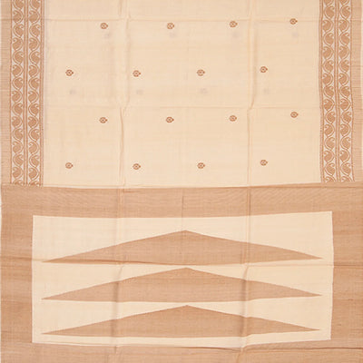 Cream Handwoven Tussar Silk Saree With Kamalam Motifs & Mango Vine Motifs in Border-Cream