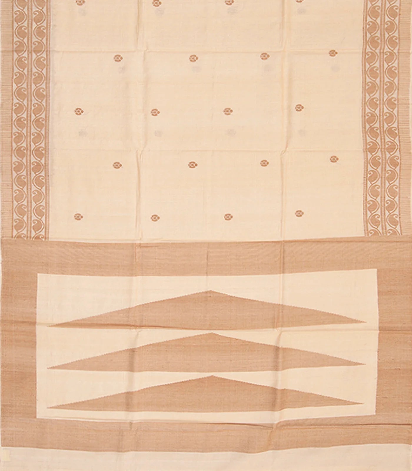 Cream Handwoven Tussar Silk Saree With Kamalam Motifs & Mango Vine Motifs in Border-Cream