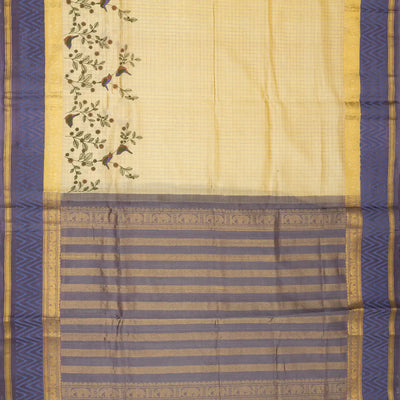 Cream Handloom Chirala Silk Cotton Saree With Printed Bird Motifs