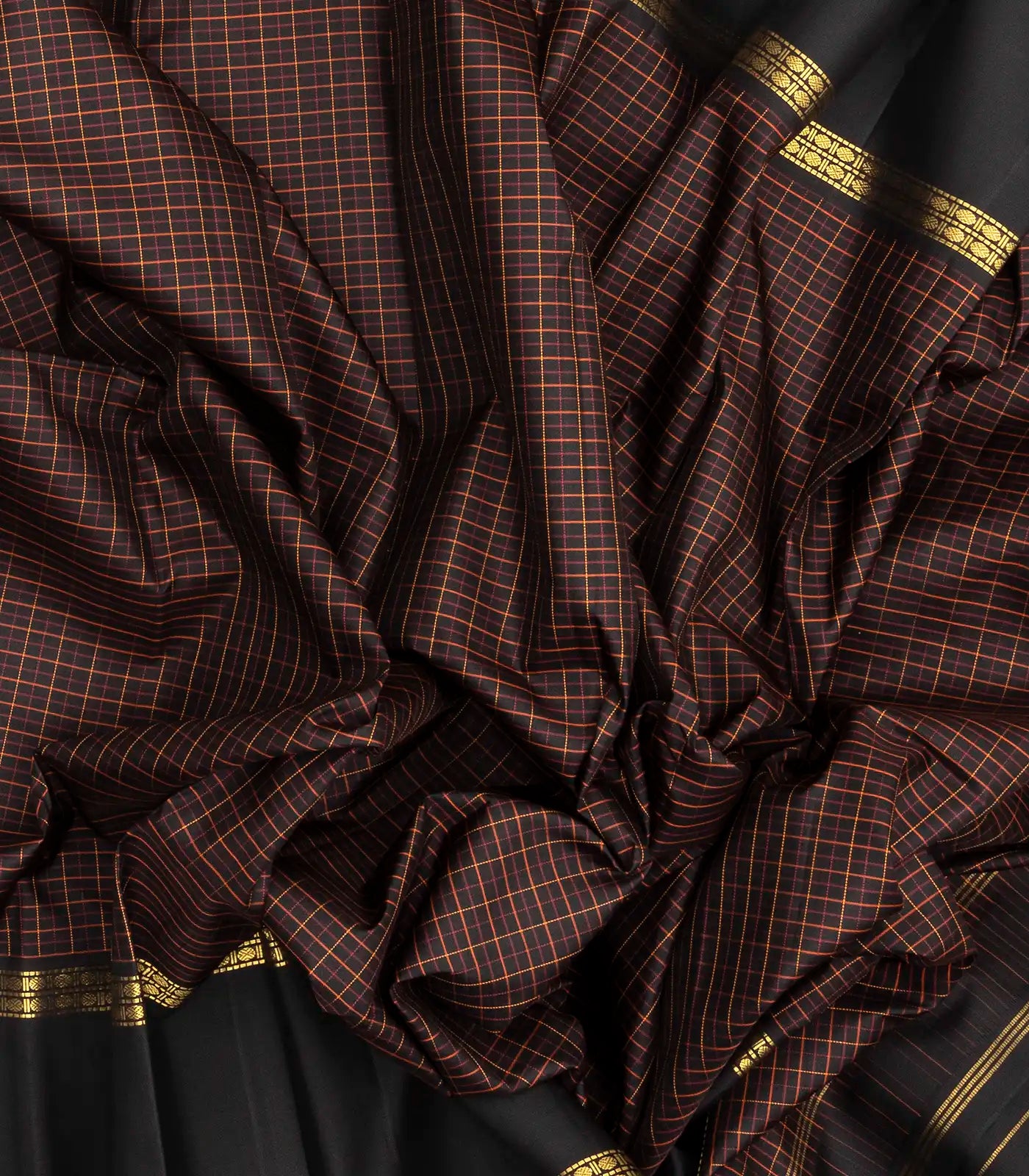 Black Handloom Kanchipuram Silk Saree With Silk Checks