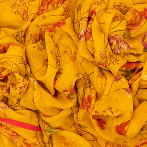 Mustard Woven Digital Printed Chiffon Silk Saree With Floral Motifs