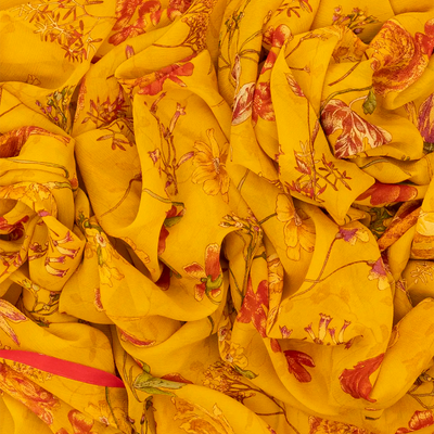 Mustard Woven Digital Printed Chiffon Silk Saree With Floral Motifs