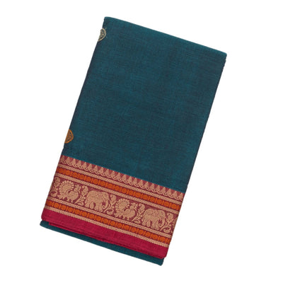 Teal Handloom Kanchi Cotton Saree With Annam Buttas.