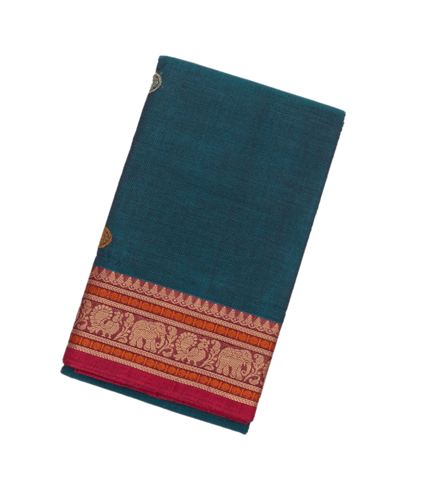 Teal Handloom Kanchi Cotton Saree With Annam Buttas.