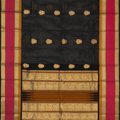 Black Handloom Kanchi Cotton Saree With Gandaberunda Buttas