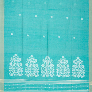 Turquoise Handloom Bengal Cotton Saree With Floral Buttas