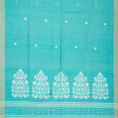 Turquoise Handloom Bengal Cotton Saree With Floral Buttas