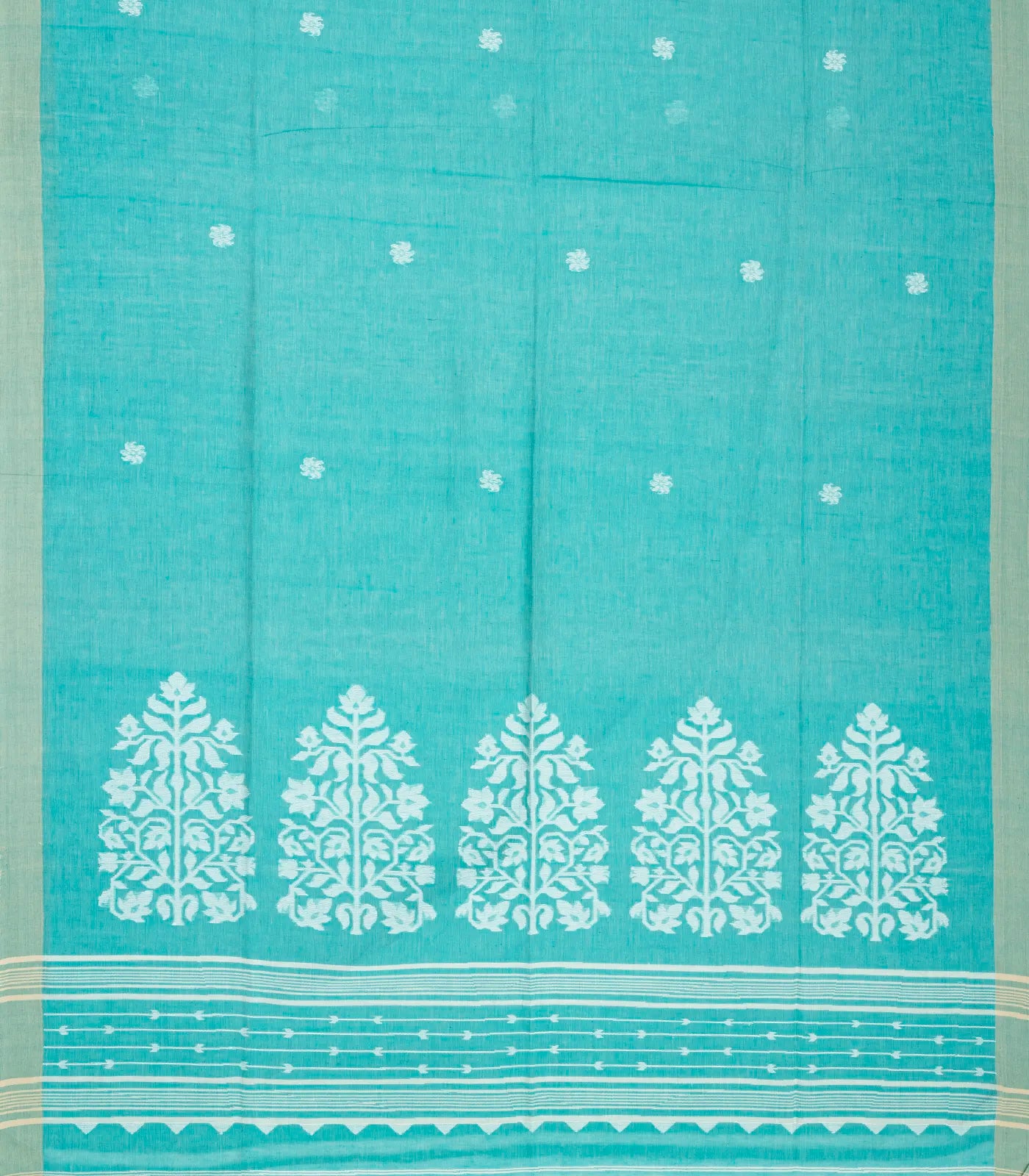 Turquoise Handloom Bengal Cotton Saree With Floral Buttas
