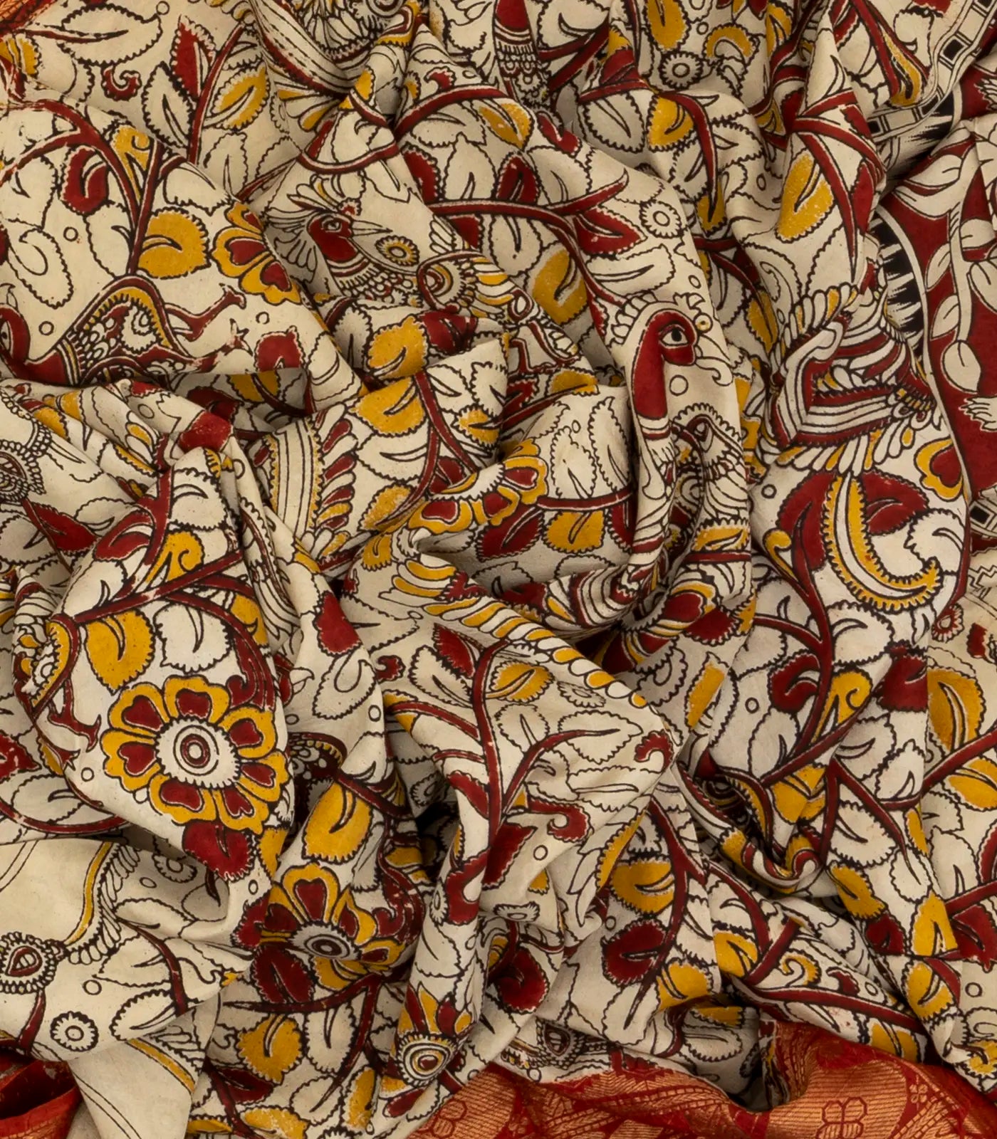 Taupe Handloom Kalamkari Cotton Saree With Printed Annam Vine Motifs