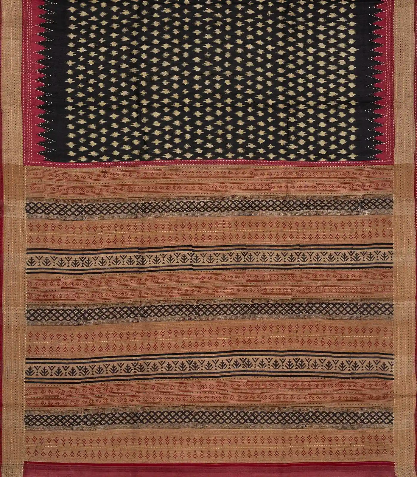 Black Tussar Silk Saree Is Printed With Floral Motifs