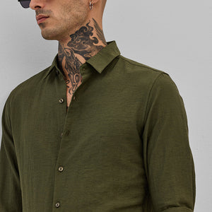 Olive Slim Fit Linen Shirt