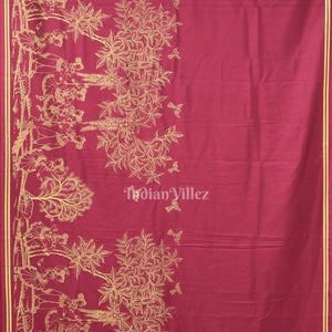 Cherry Red Single Line Raja Theme Pattachitra Saree