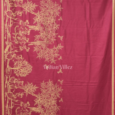 Cherry Red Single Line Raja Theme Pattachitra Saree