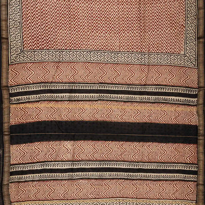 Rust Handloom Chanderi Cotton Saree With Printed Chevron Motifs