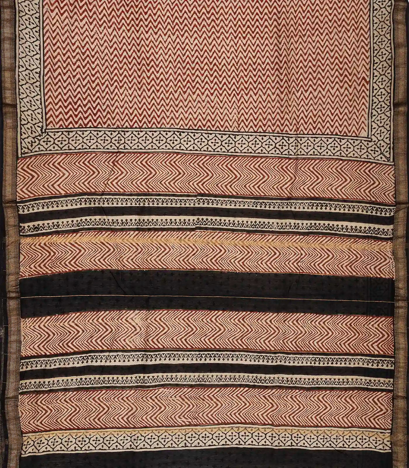 Rust Handloom Chanderi Cotton Saree With Printed Chevron Motifs