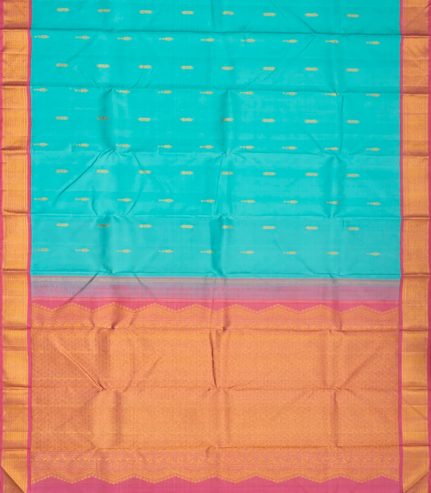Turquoise Handloom Kanchipuram Korvai Silk Saree With Pink Border