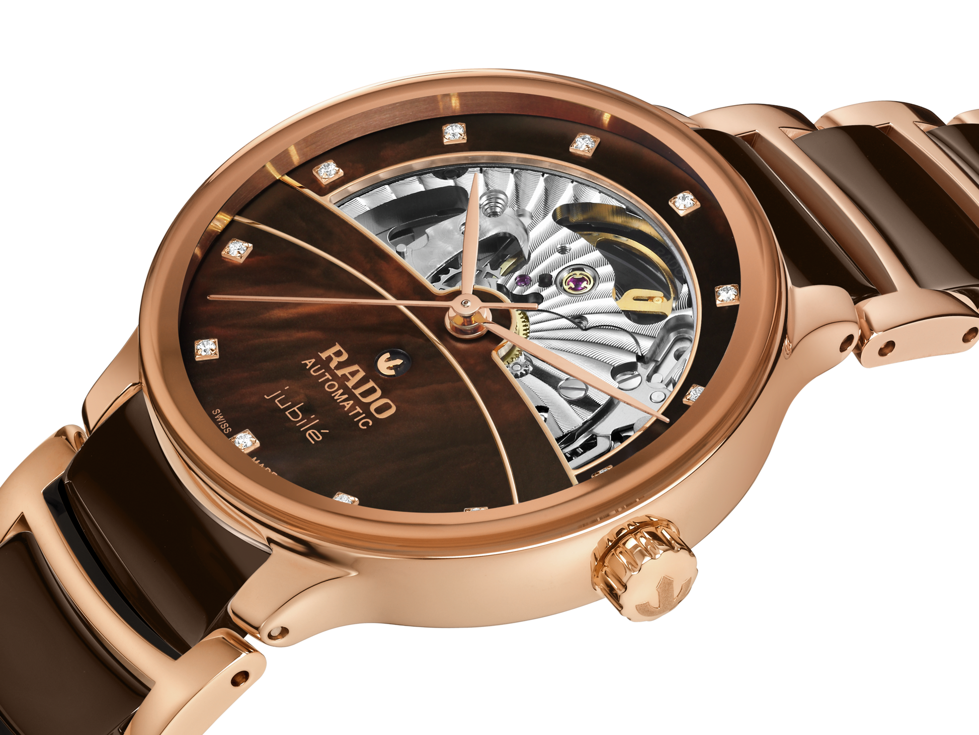 Rado Centrix Automatic Diamonds Open Heart Brown & Rose Gold Dial Women 35MM