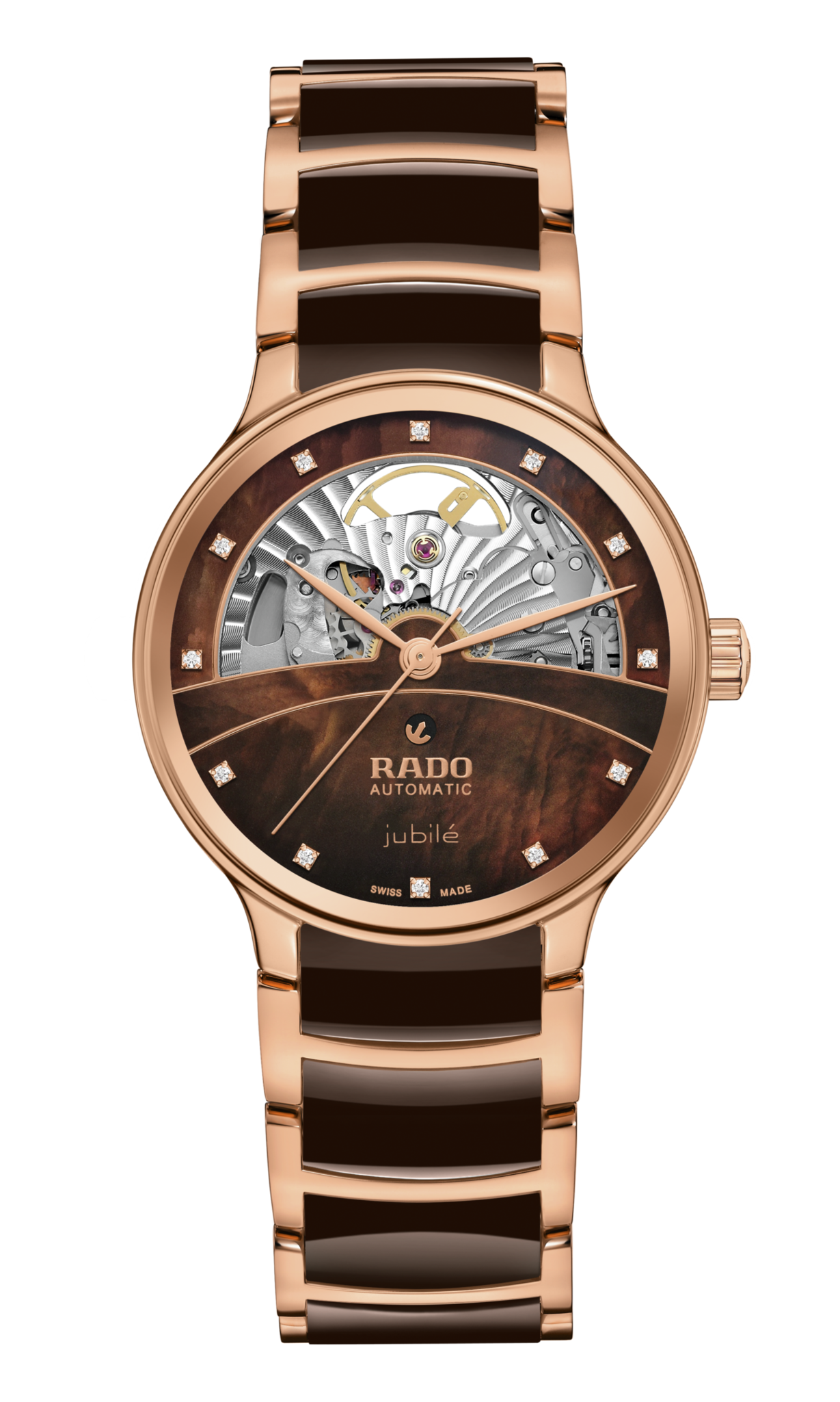 Rado Centrix Automatic Diamonds Open Heart Brown & Rose Gold Dial Women 35MM