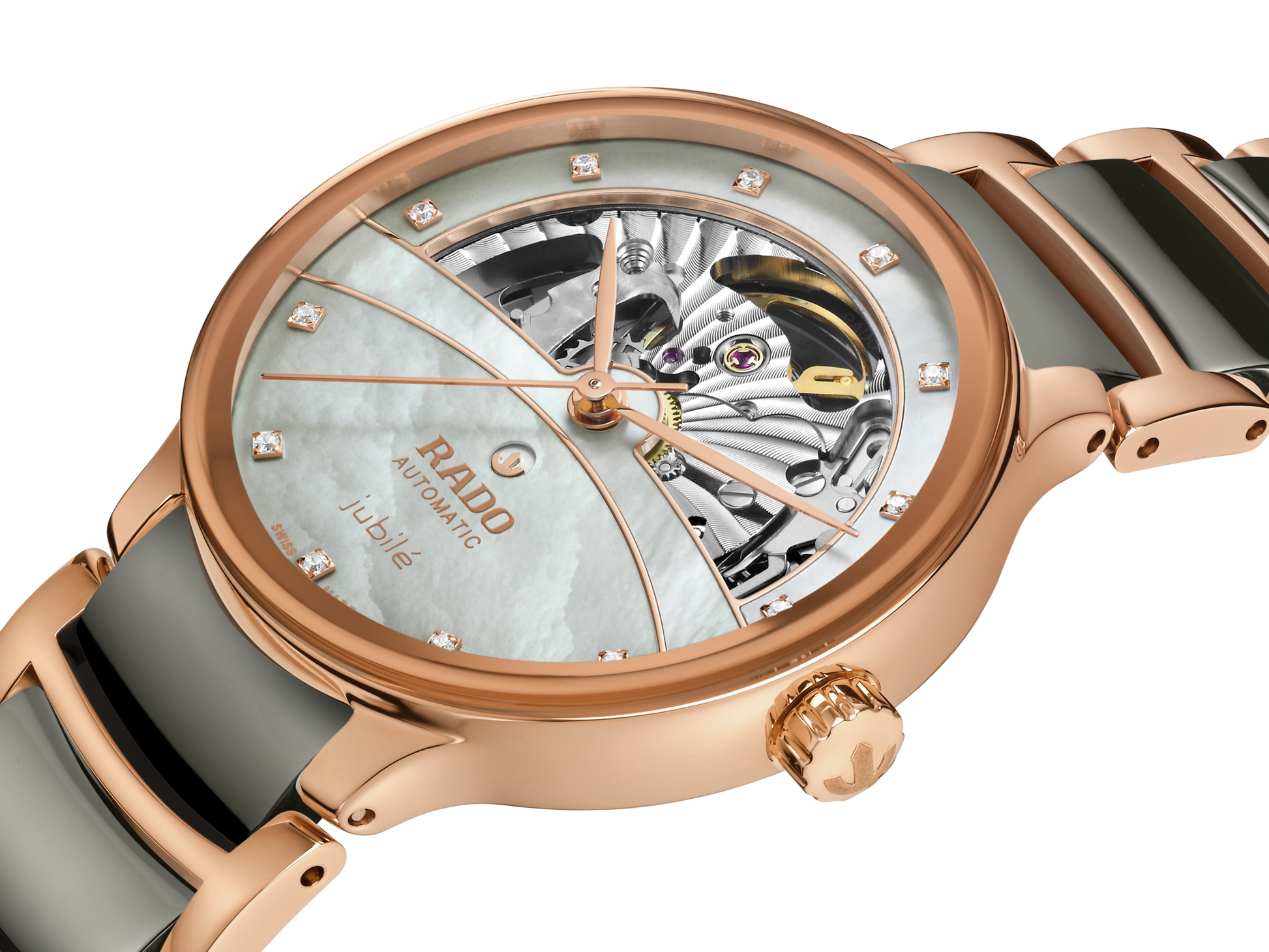 Rado Centrix Automatic Diamonds Open Heart Rose Gold & Silver Dial Women 35MM
