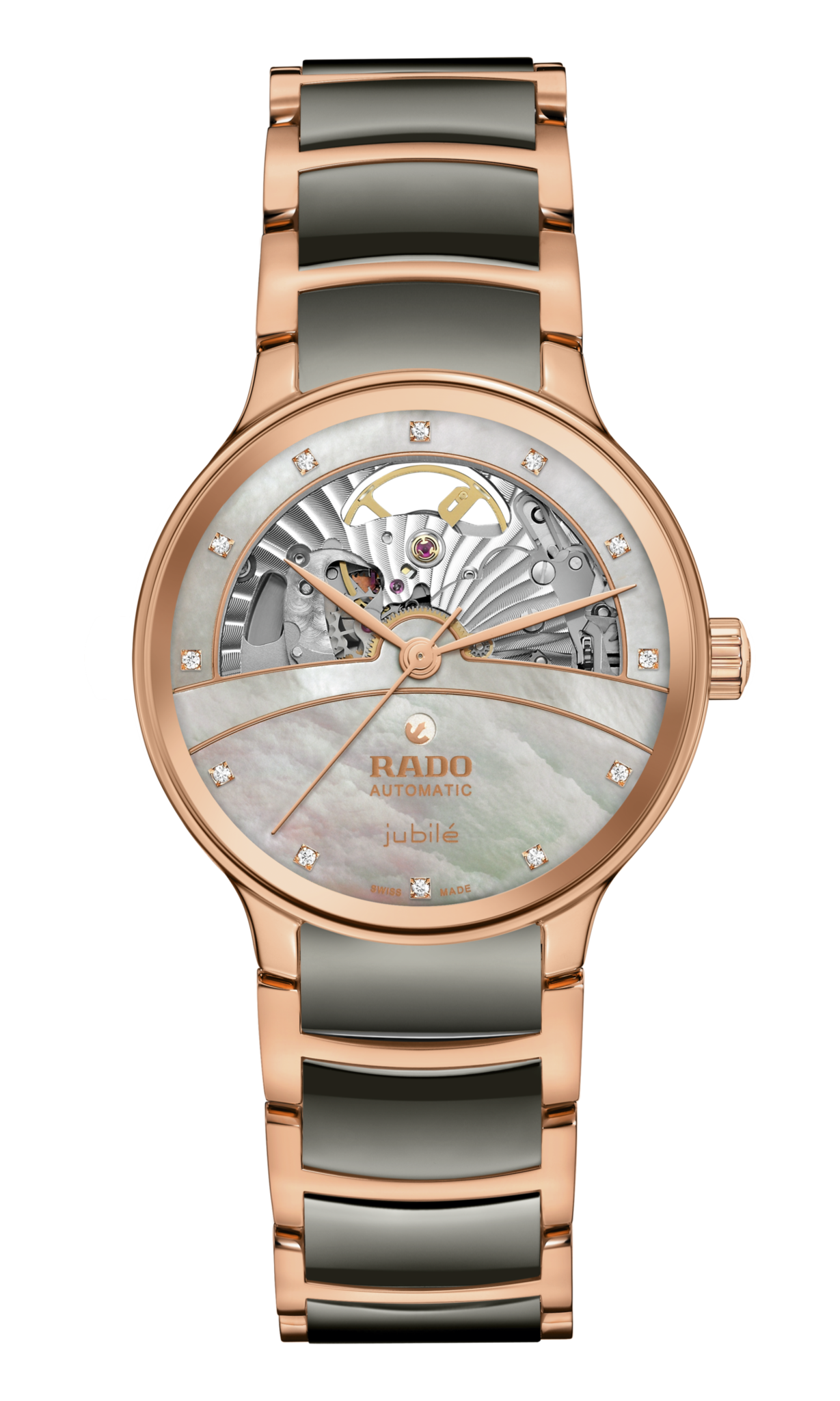 Rado Centrix Automatic Diamonds Open Heart Rose Gold & Silver Dial Women 35MM