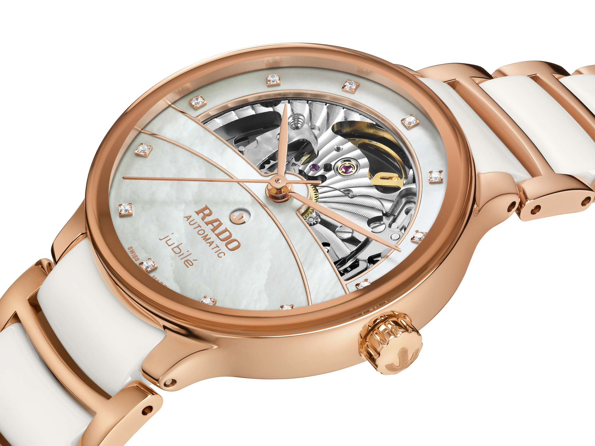 Rado Centrix Automatic Diamonds Open Heart Rose Gold & White Dial Women 35MM