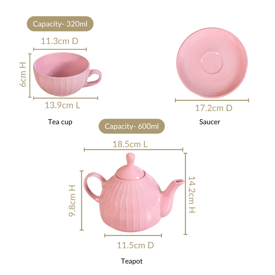 Ambrosia Ceramic Tea Kettle Cup And Saucer Set For 1 Pink