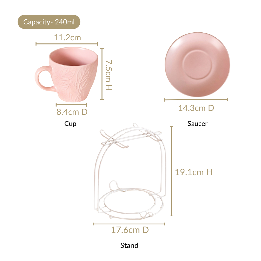 Leaf Embossed Cup And Saucer Set Of 4 With Stand 240ml