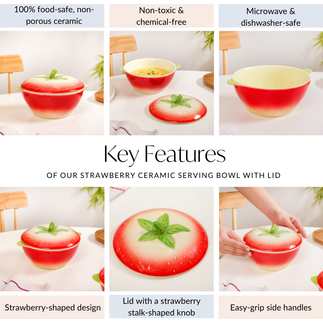 Strawberry Ceramic Serving Bowl With Lid 900ml
