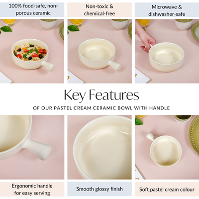 Pastel Cream Ceramic Bowl With Handle 650ml