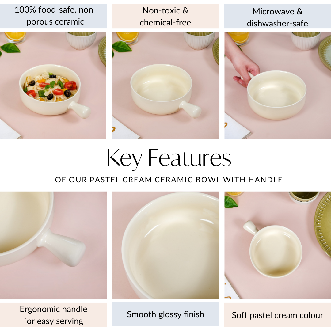 Pastel Cream Ceramic Bowl With Handle 650ml