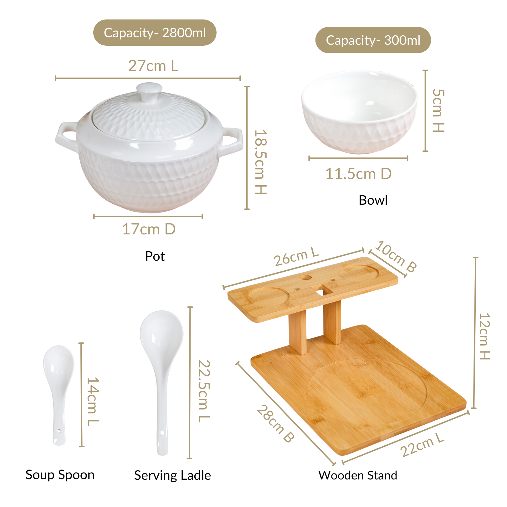 White Ceramic Pot And Bowl Set With Spoons And Wooden Stand