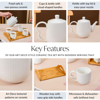 Art Deco Style Ceramic Tea Set With Wooden Serving Tray