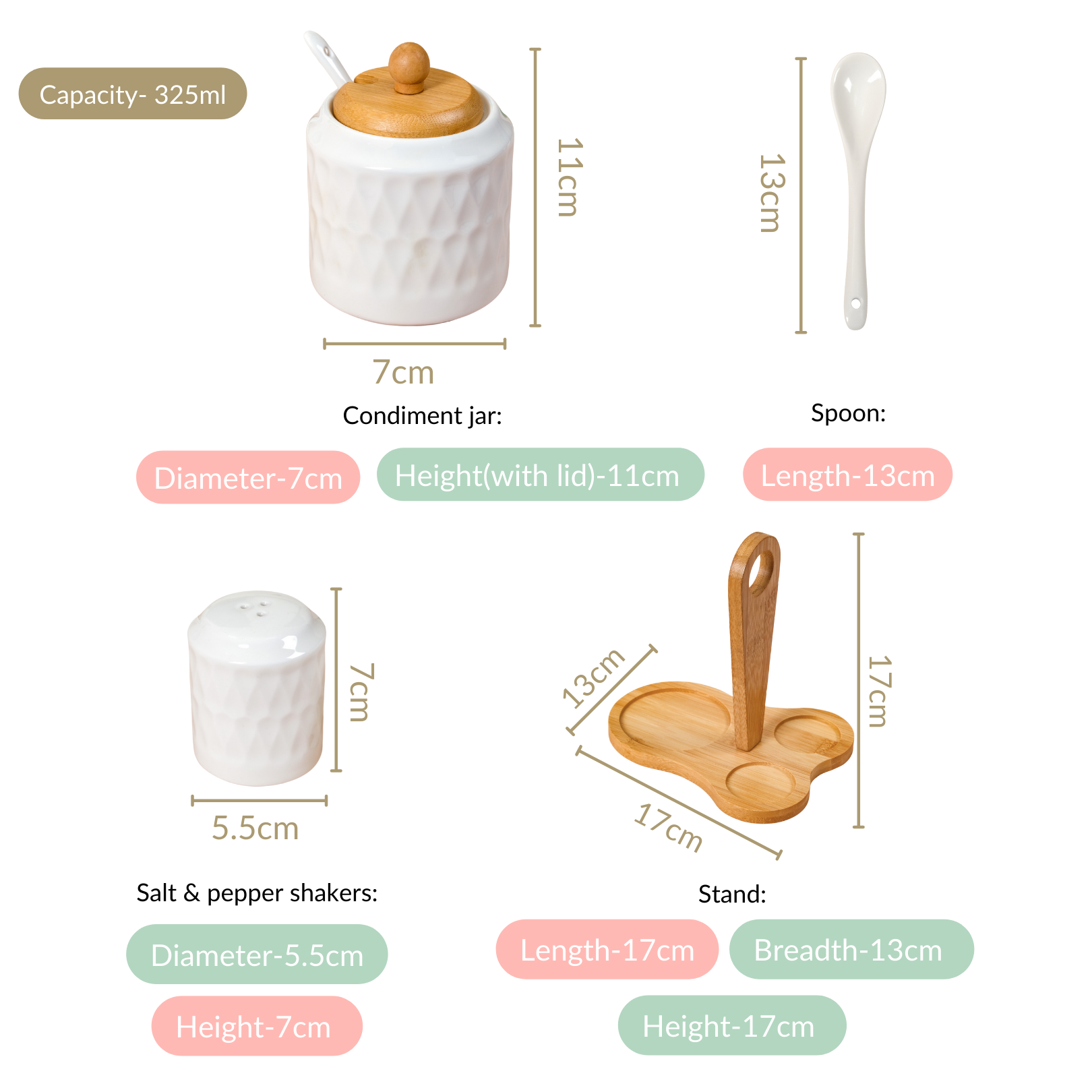 Ceramic Seasoning Jars Set Of 3 With Spoon And Wooden Stand