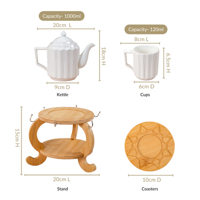 Blanca Fluted Ceramic Tea Set With 6 Cups Kettle And Wooden Stand