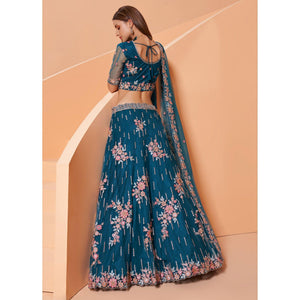 Cerulean Blue Partywear Floral Embroidered Embellished Net Lehenga Choli