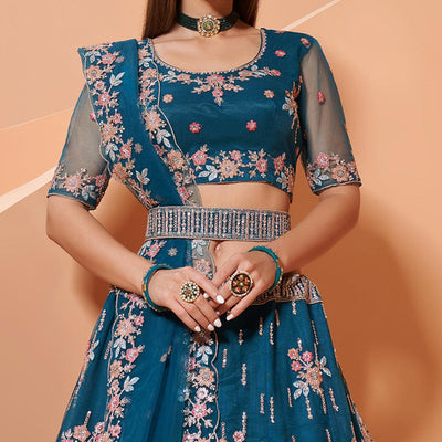 Cerulean Blue Partywear Floral Embroidered Embellished Net Lehenga Choli