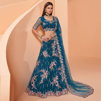 Cerulean Blue Partywear Floral Embroidered Embellished Net Lehenga Choli