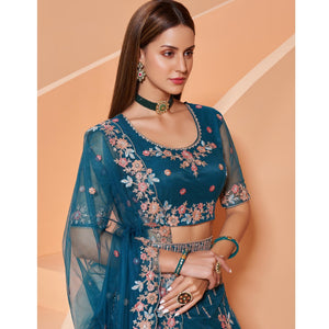Cerulean Blue Partywear Floral Embroidered Embellished Net Lehenga Choli