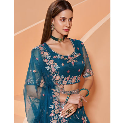 Cerulean Blue Partywear Floral Embroidered Embellished Net Lehenga Choli
