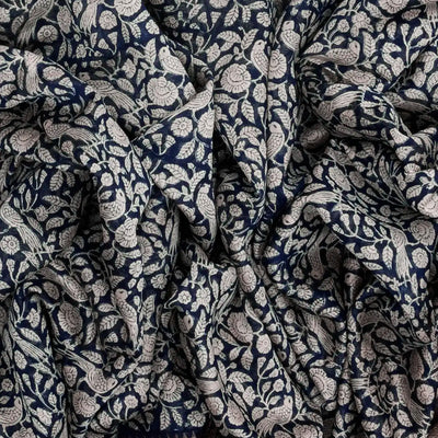 Indigo Woven Chanderi Cotton Saree Printed With Bird Motifs