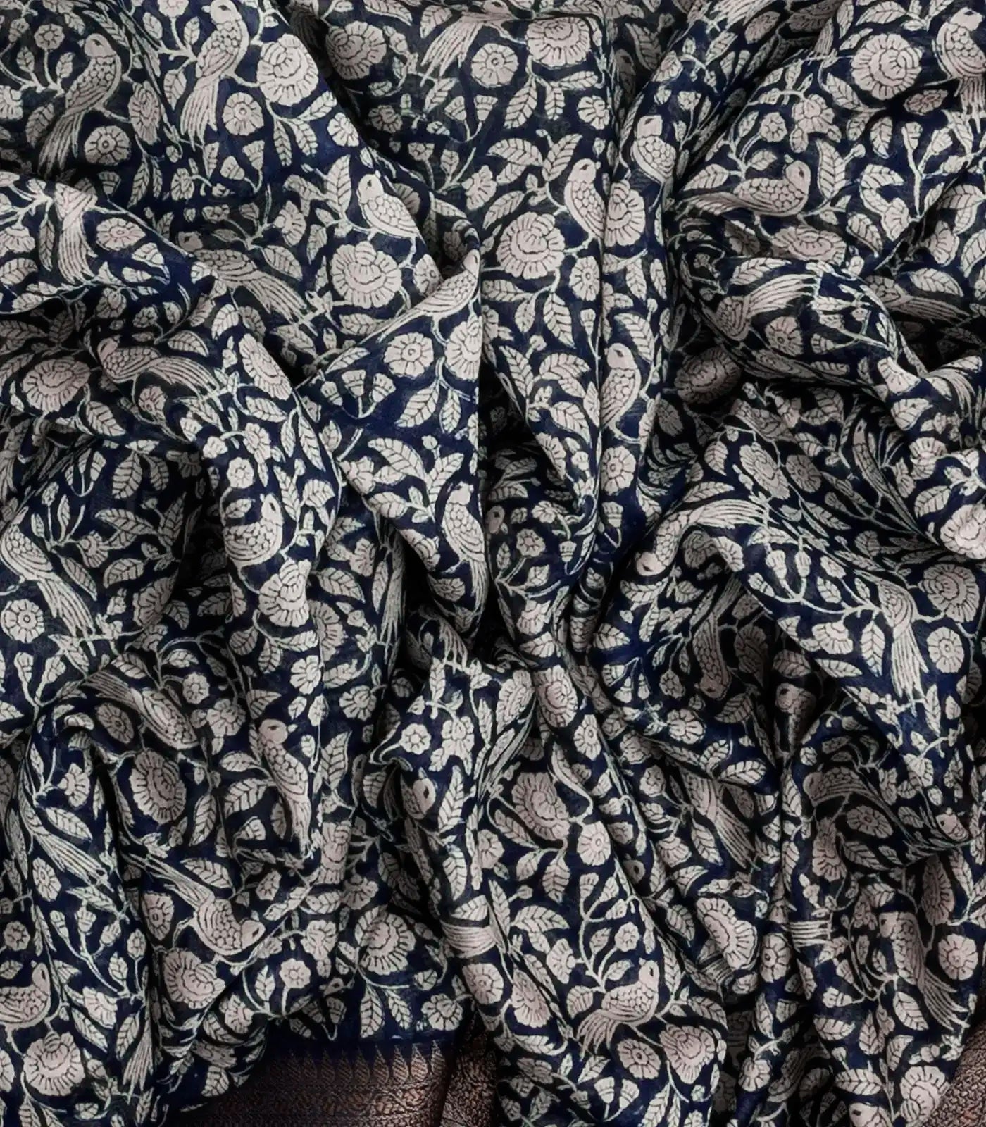 Indigo Woven Chanderi Cotton Saree Printed With Bird Motifs