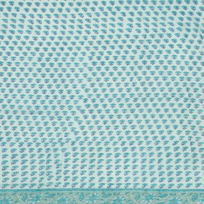 Turquoise Chanderi Cotton Saree Printed With Stripes & Floral Motifs
