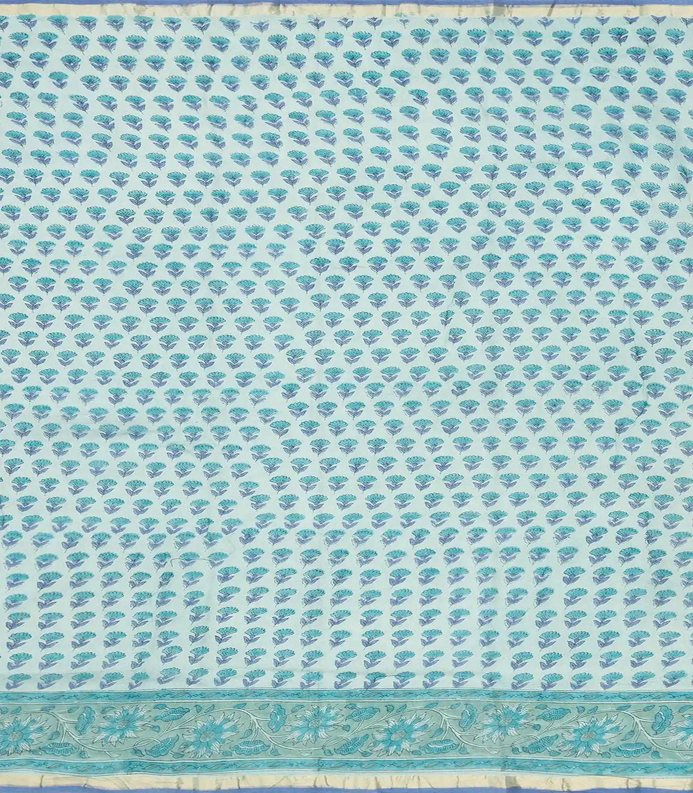 Turquoise Chanderi Cotton Saree Printed With Stripes & Floral Motifs