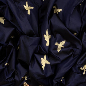 Midnight Blue Handloom Banarasi Silk Saree With Bird Buttas & Contrast Border