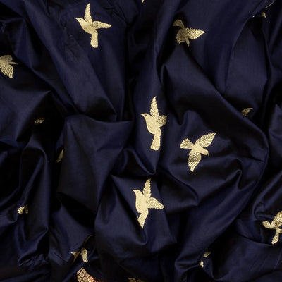 Midnight Blue Handloom Banarasi Silk Saree With Bird Buttas & Contrast Border